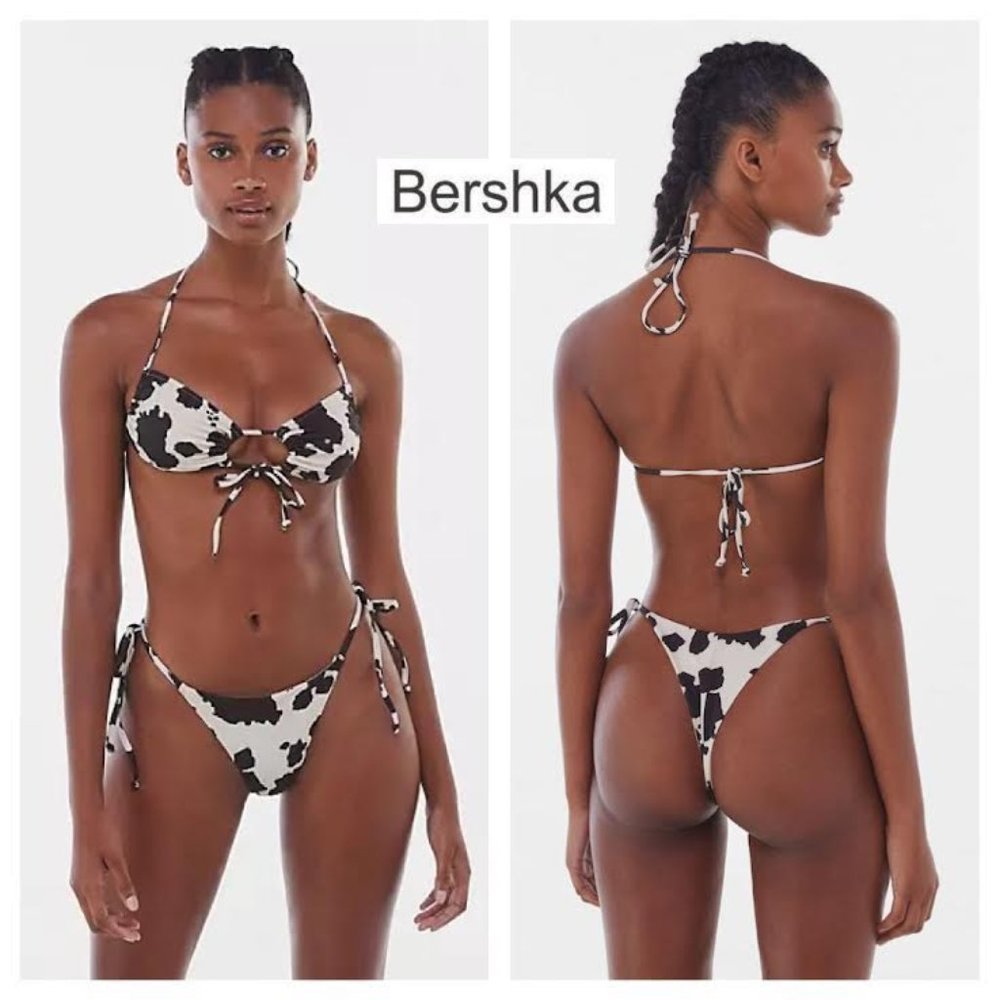 NWT BERSHKA SWIM cow print SEXY bikini SET Top & Bottom Cream Brown - Picture 1 of 9